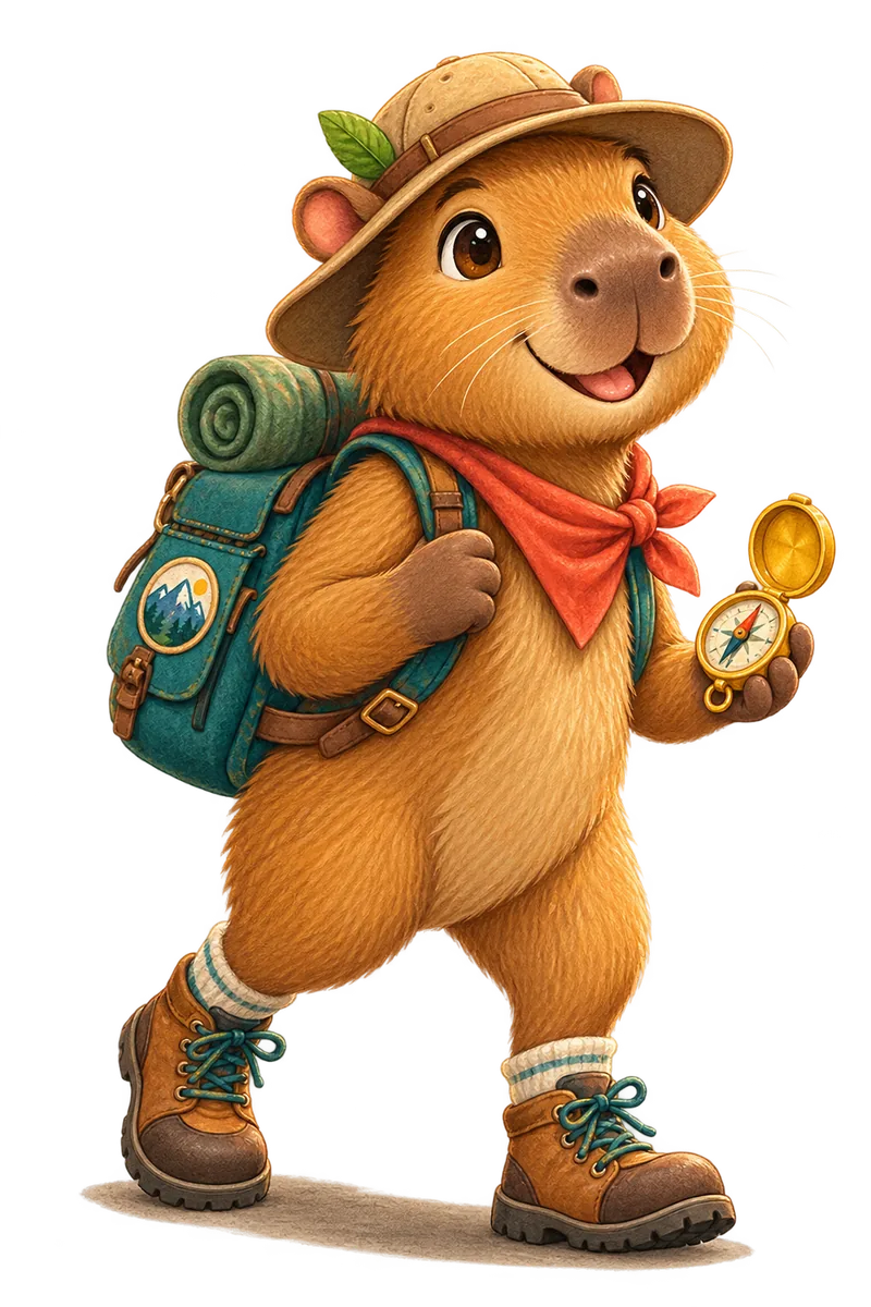 Cappy West, a smiling capybara explorer with a backpack and compass